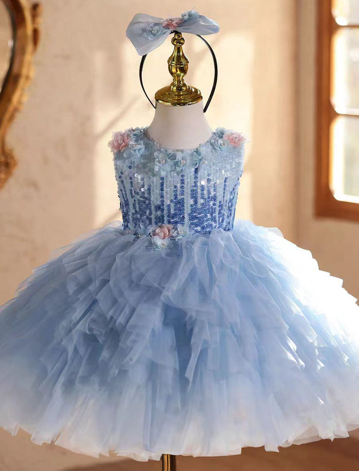 Elegant Blue Beaded Flower Girl Dress Princess Birthday Gown J839