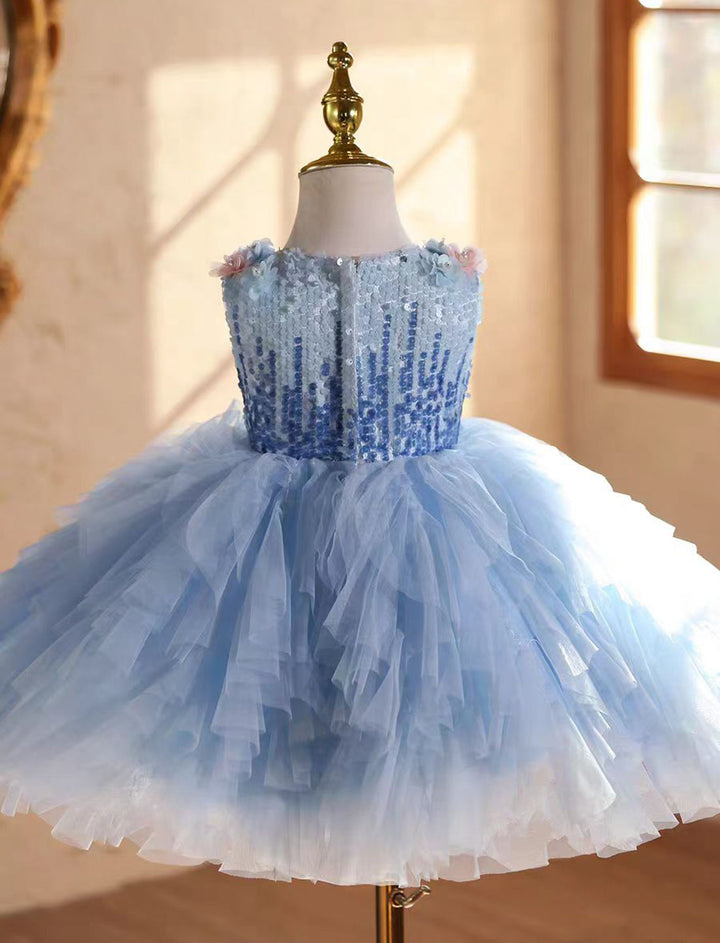 Elegant Blue Beaded Flower Girl Dress Princess Birthday Gown J839