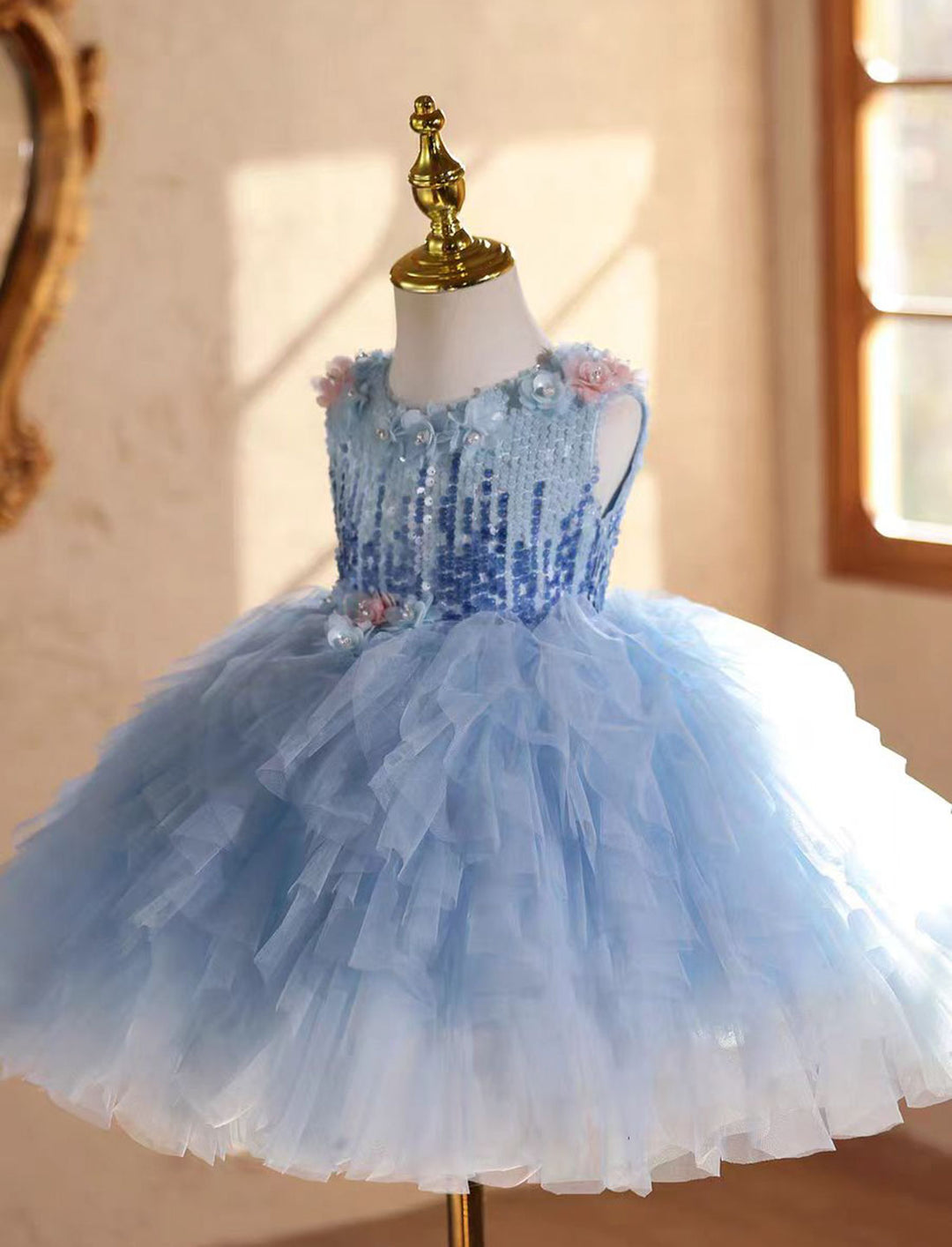 Elegant Blue Beaded Flower Girl Dress Princess Birthday Gown J839