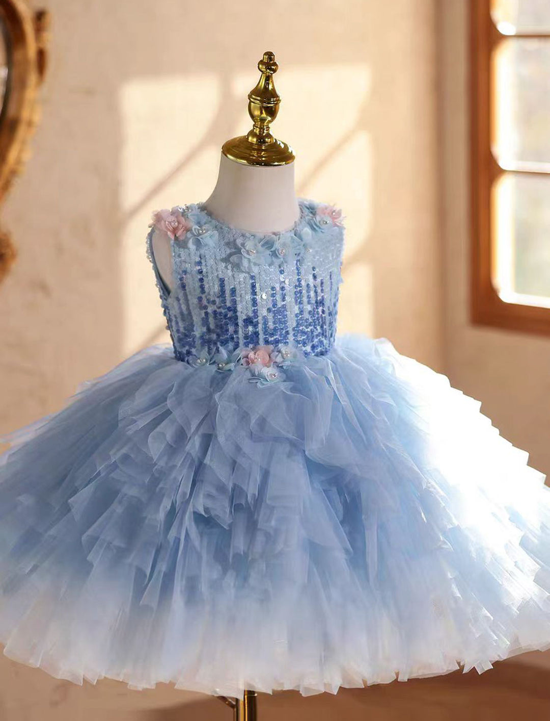 Elegant Blue Beaded Flower Girl Dress Princess Birthday Gown J839