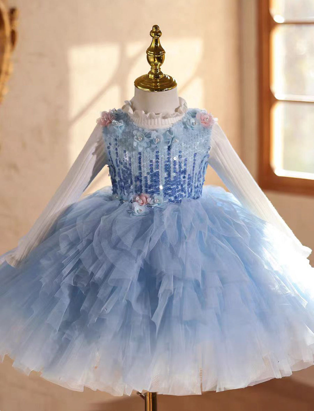 Elegant Blue Beaded Flower Girl Dress Princess Birthday Gown J839