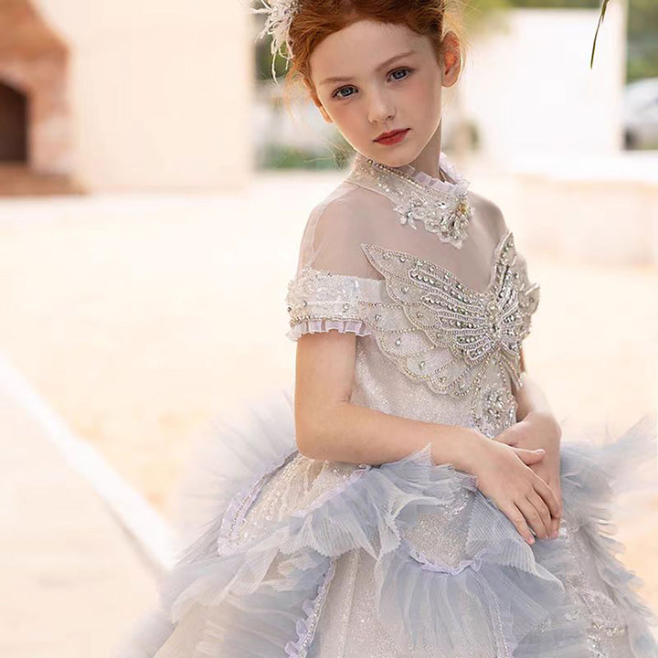 Elegant Flower Girl Dress with Floral Appliques for Birthday Pageant J031