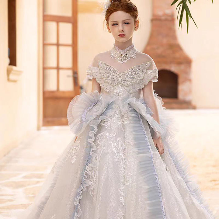 Elegant Flower Girl Dress with Floral Appliques for Birthday Pageant J031