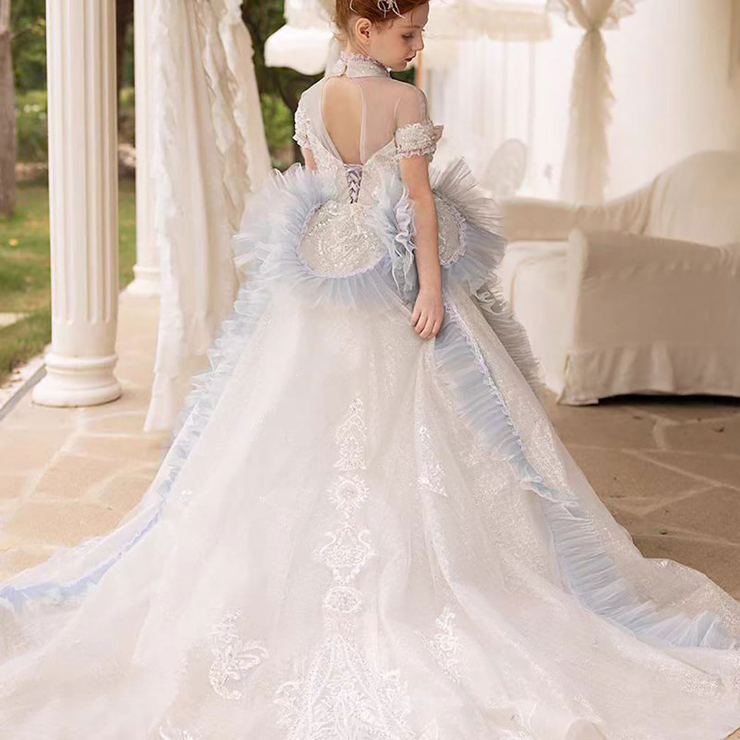 Elegant Flower Girl Dress with Floral Appliques for Birthday Pageant J031