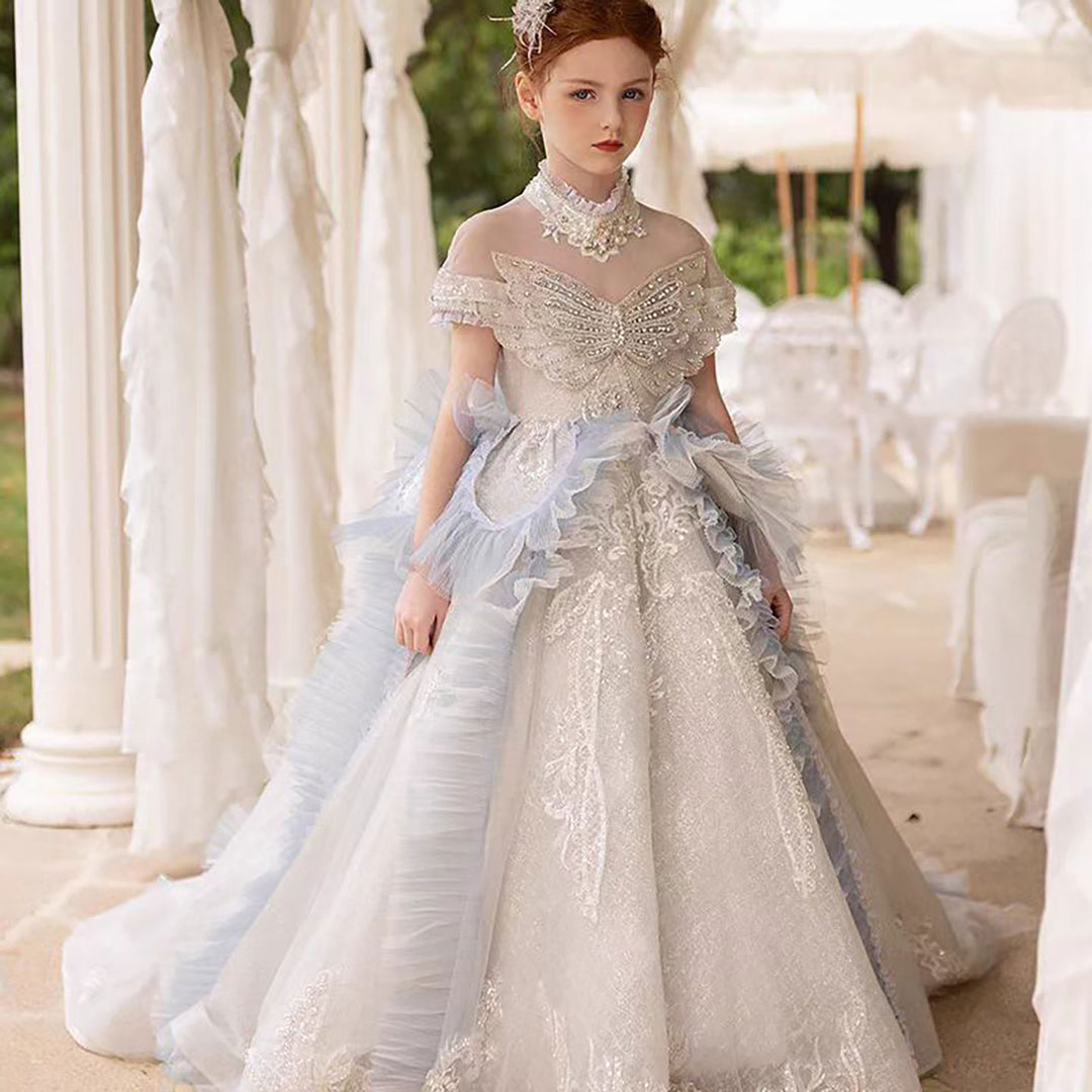 Elegant Flower Girl Dress with Floral Appliques for Birthday Pageant J031