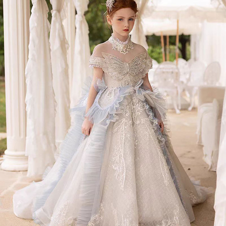 Elegant Flower Girl Dress with Floral Appliques for Birthday Pageant J031