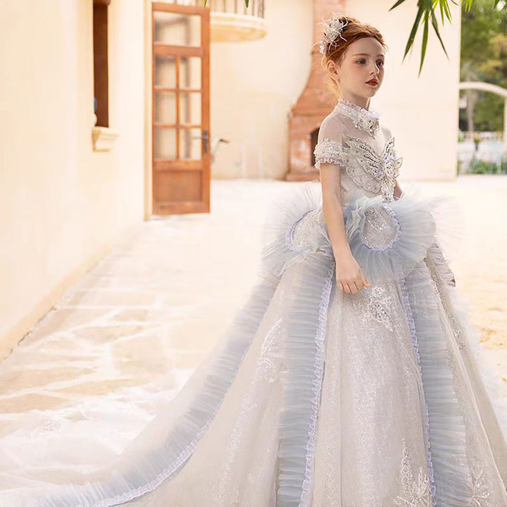 Elegant Flower Girl Dress with Floral Appliques for Birthday Pageant J031