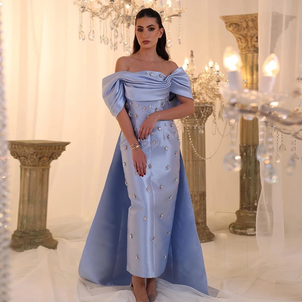 Blue Satin Off-Shoulder Dress with Crystal Skirt SS270