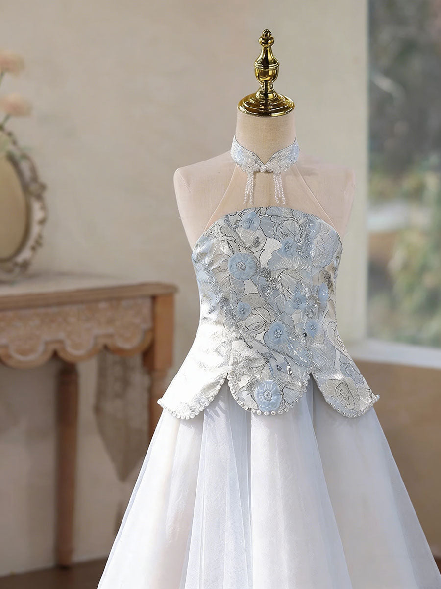 Luxury Blue Flower Girl Dress with 3D Floral Appliqué Princess Wedding Party Gown D331