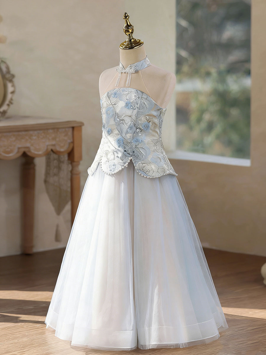 blue floral applique dress Luxury Blue Flower Girl Dress with 3D Floral Appliqué Princess Wedding – DreamyVow