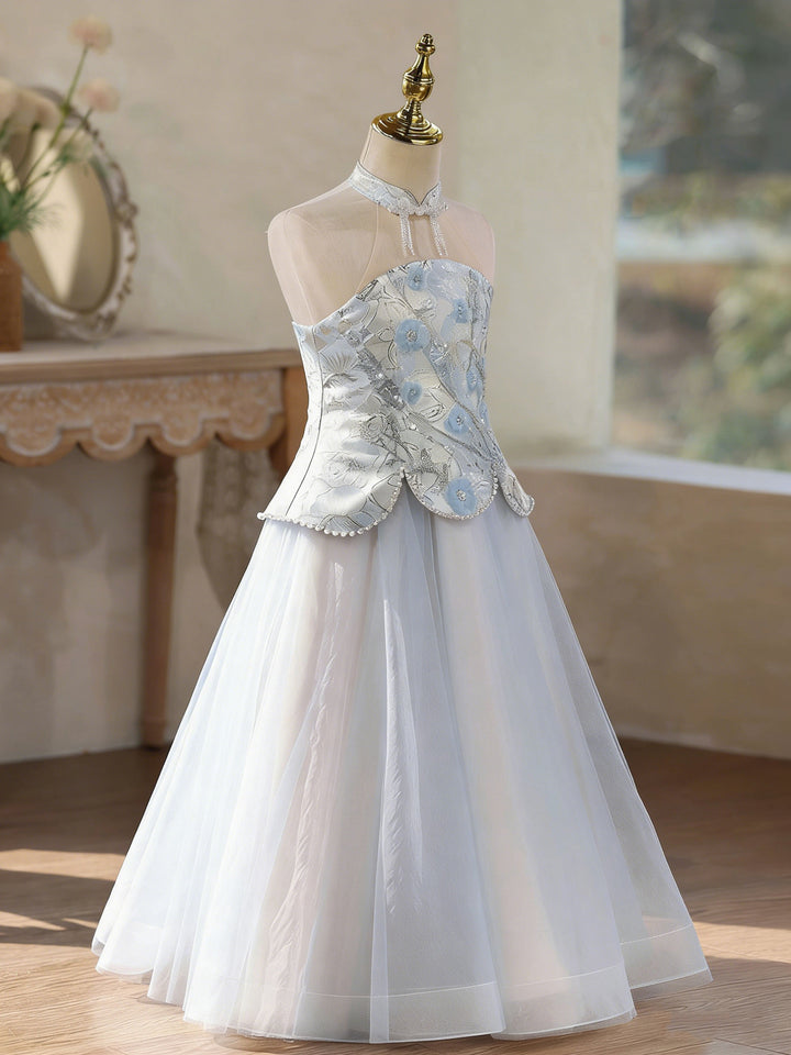 Luxury Blue Flower Girl Dress with 3D Floral Appliqué Princess Wedding Party Gown D331