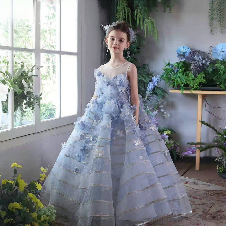 Dreamy Blue Princess Girl Dress with Floral Appliqués J160