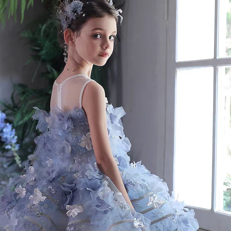 Dreamy Blue Princess Girl Dress with Floral Appliqués J160