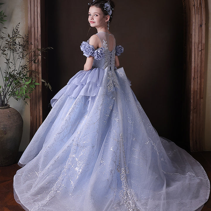 Dreamy Blue Princess Gown with Sparkling Beads for Birthday Girls J200