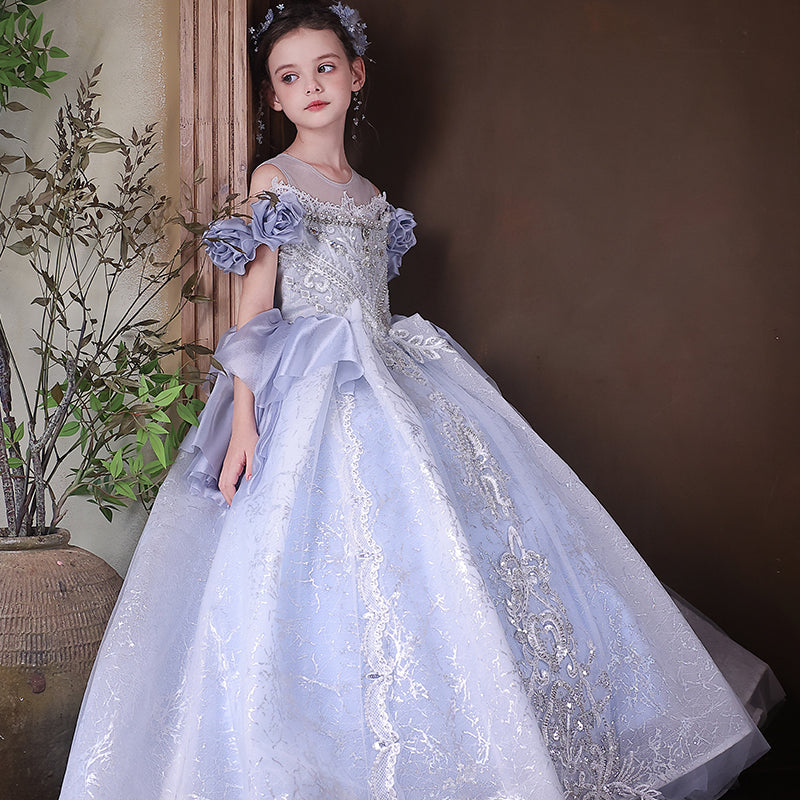 Dreamy Blue Princess Gown with Sparkling Beads for Birthday Girls J200