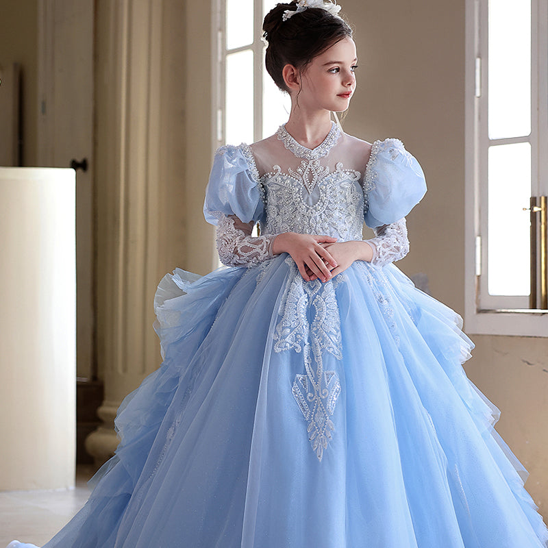 Blue Luxury Princess Girl Dress for Birthday Party Pageant J190 Blue / child-8