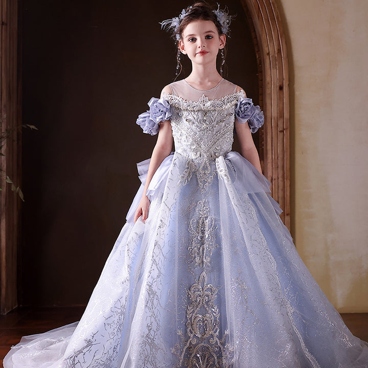 Dreamy Blue Princess Gown with Sparkling Beads for Birthday Girls J200