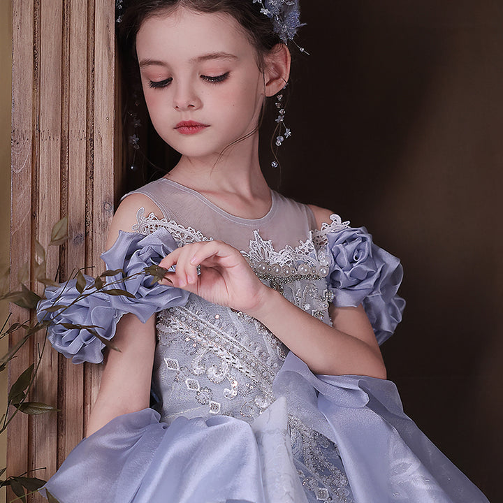 Dreamy Blue Princess Gown with Sparkling Beads for Birthday Girls J200