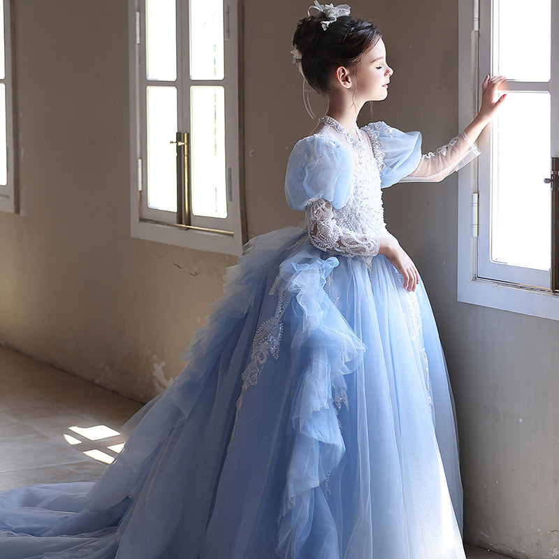 Blue Luxury Princess Girl Dress for Birthday Party Pageant J190