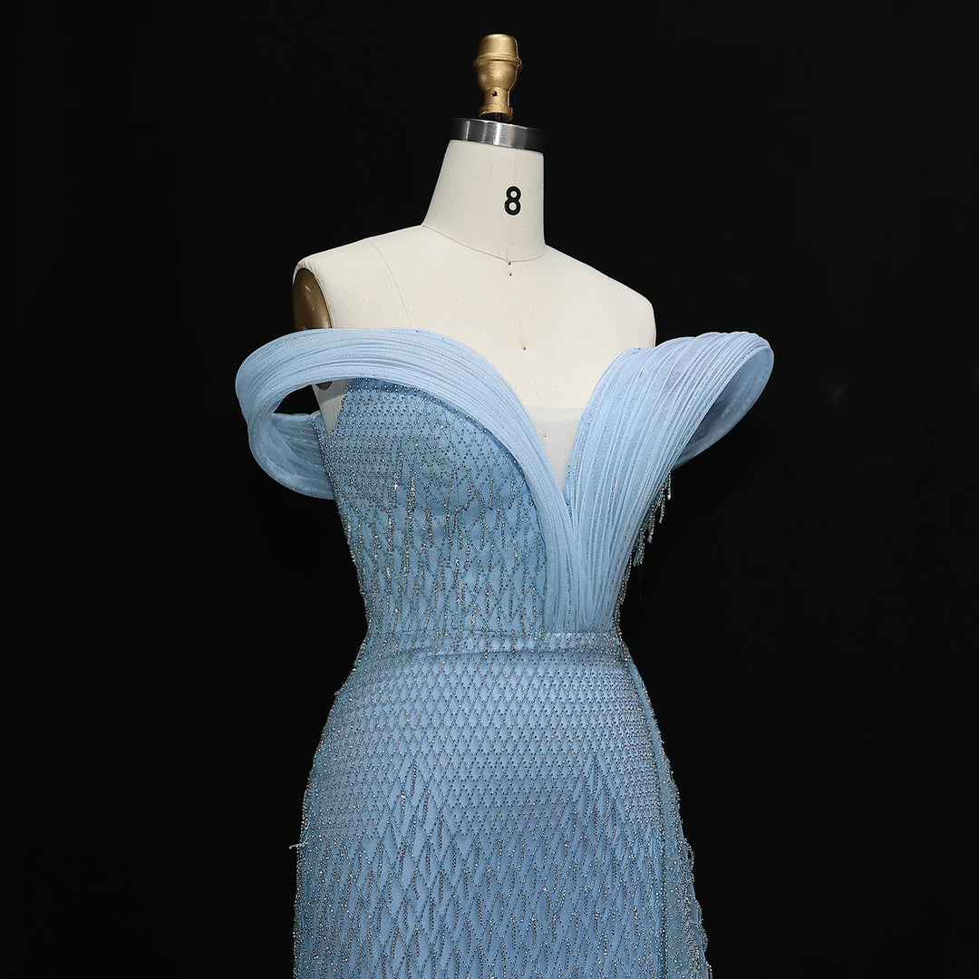 Glamorous Off-Shoulder Crystal Slit Evening Dress SS115