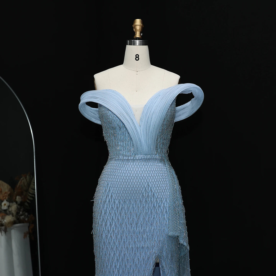 Glamorous Off-Shoulder Crystal Slit Evening Dress SS115