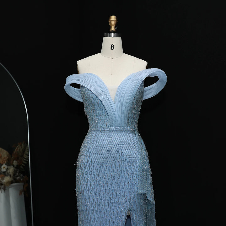 Glamorous Off-Shoulder Crystal Slit Evening Dress SS115