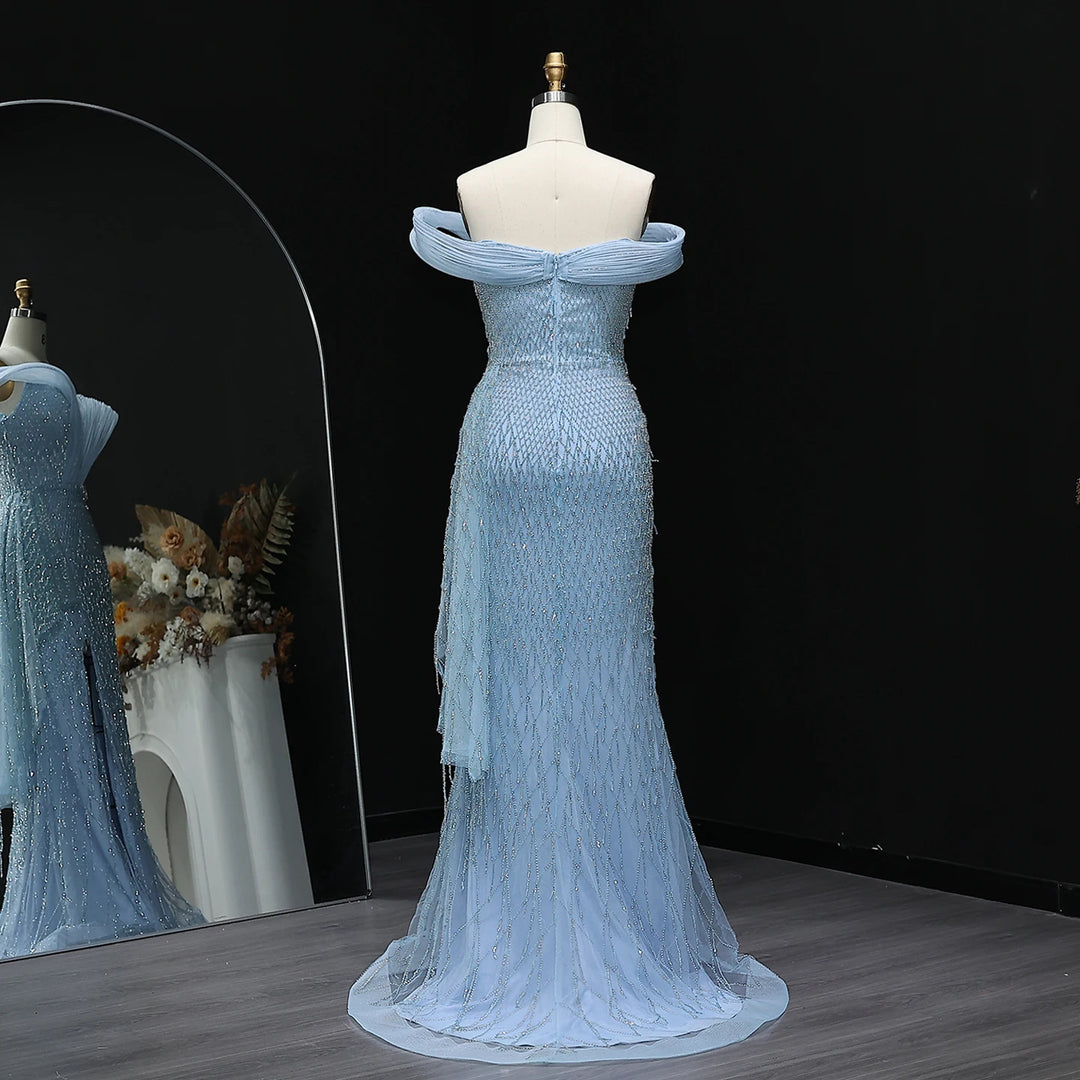 Glamorous Off-Shoulder Crystal Slit Evening Dress SS115