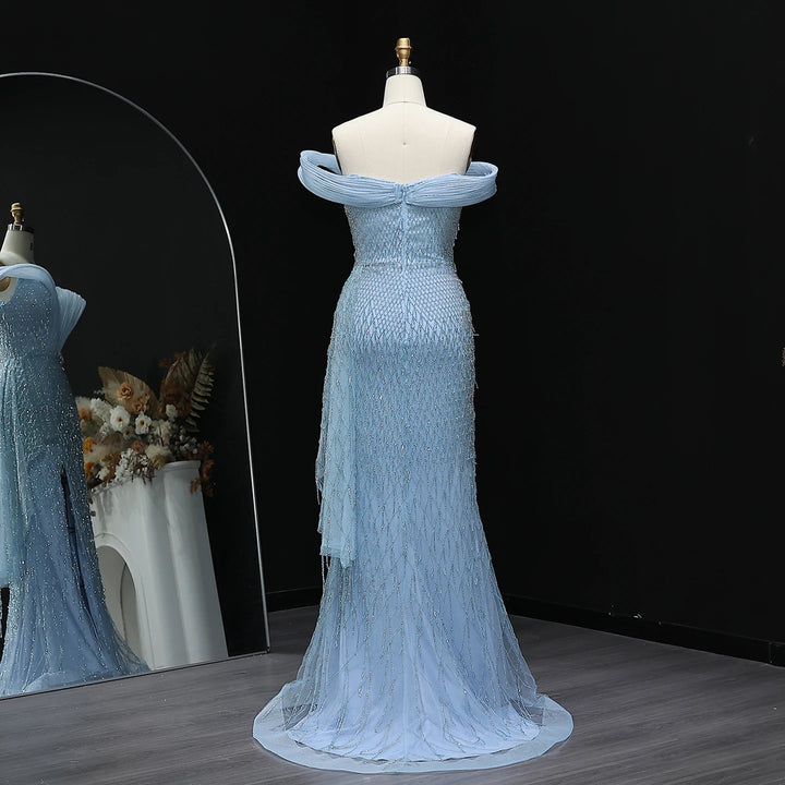 Glamorous Off-Shoulder Crystal Slit Evening Dress SS115