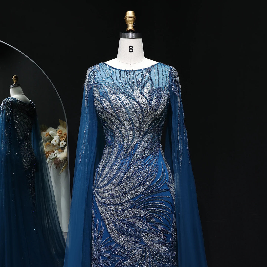 Luxury Black Gold Beaded Arabic Evening Dress with Cape Sleeve SS057