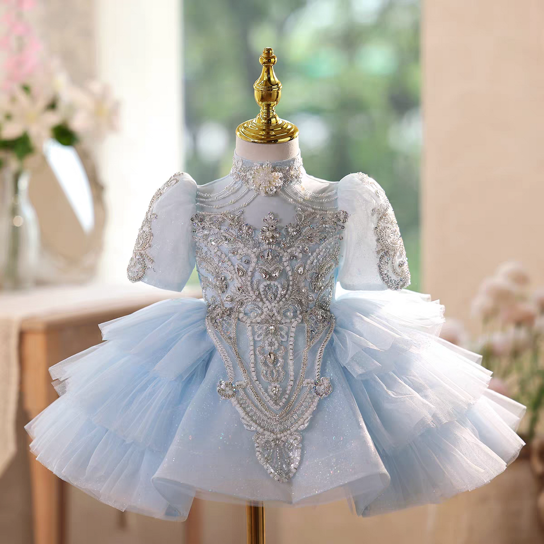 Blue Flower Girl Dress with Beaded Bodice Knee Length J567 Blue / child-14 Blue Flower Girl Dress with Beaded Bodice Knee Length J567 Blue / child-14
