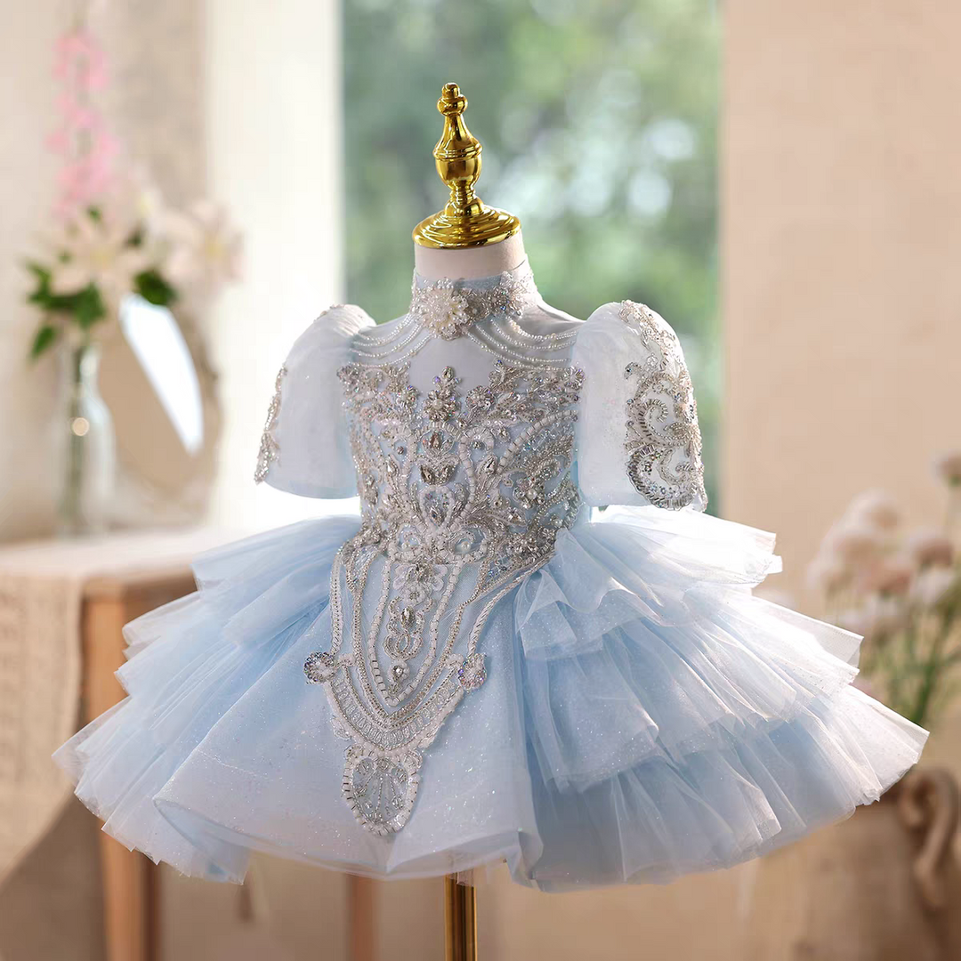 Blue Flower Girl Dress with Beaded Bodice Knee Length J567
