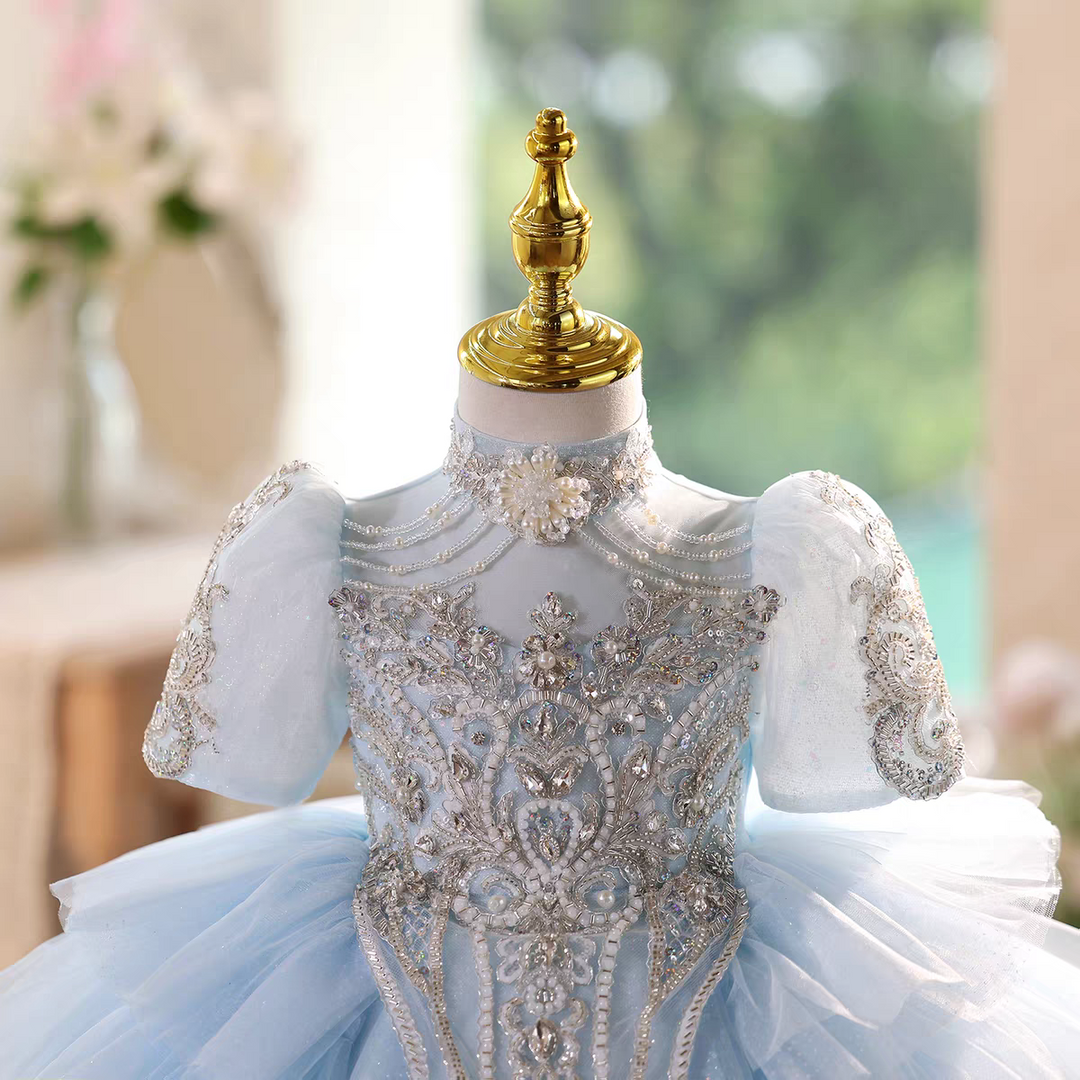 Blue Flower Girl Dress with Beaded Bodice Knee Length J567