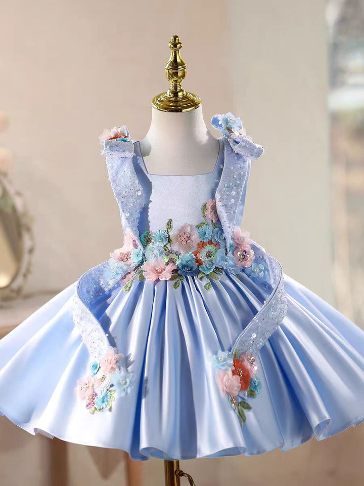 Luxury Blue Satin Flower Girl Dress 3D Floral Princess Birthday Party Gown D236