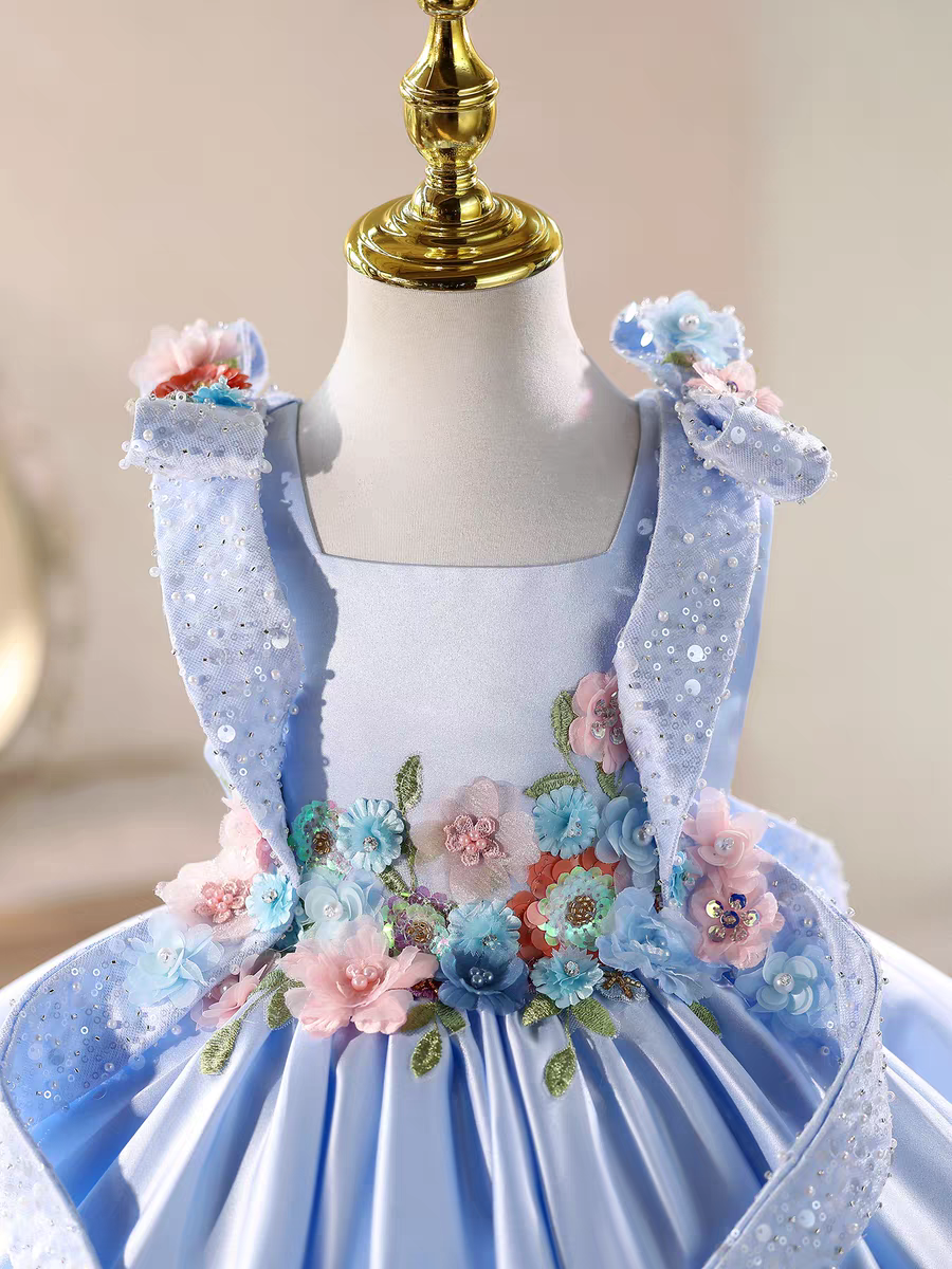 Luxury Blue Satin Flower Girl Dress 3D Floral Princess Birthday Party Gown D236