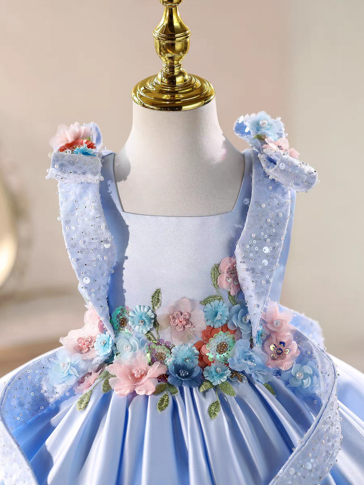 Luxury Blue Satin Flower Girl Dress 3D Floral Princess Birthday Party Gown D236