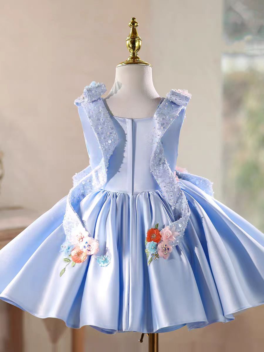 Luxury Blue Satin Flower Girl Dress 3D Floral Princess Birthday Party Gown D236 Blue / child-4 Luxury Blue Satin Flower Girl Dress 3D Floral Princess Birthday Party Gown D236 Blue / child-4