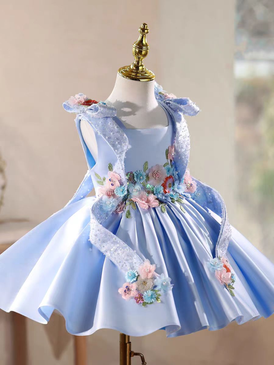 Luxury Blue Satin Flower Girl Dress 3D Floral Princess Birthday Party Gown D236