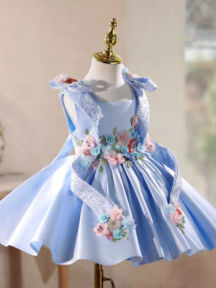 Luxury Blue Satin Flower Girl Dress 3D Floral Princess Birthday Party Gown D236
