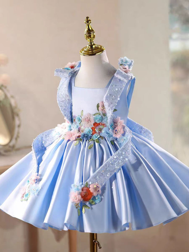Luxury Blue Satin Flower Girl Dress 3D Floral Princess Birthday Party Gown D236