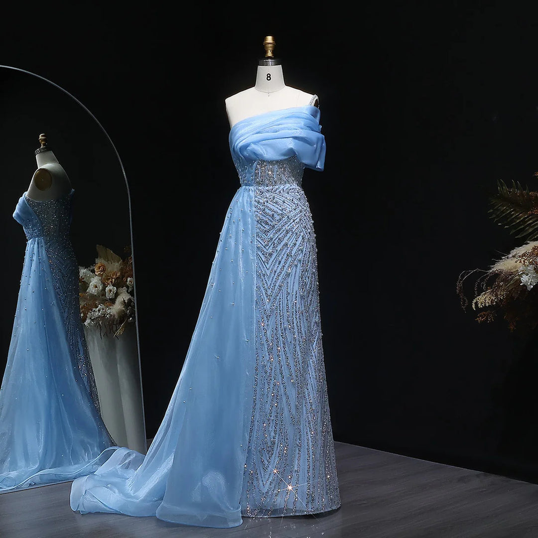 Luxury One Shoulder Blue Evening Dress with Overskirt SS644
