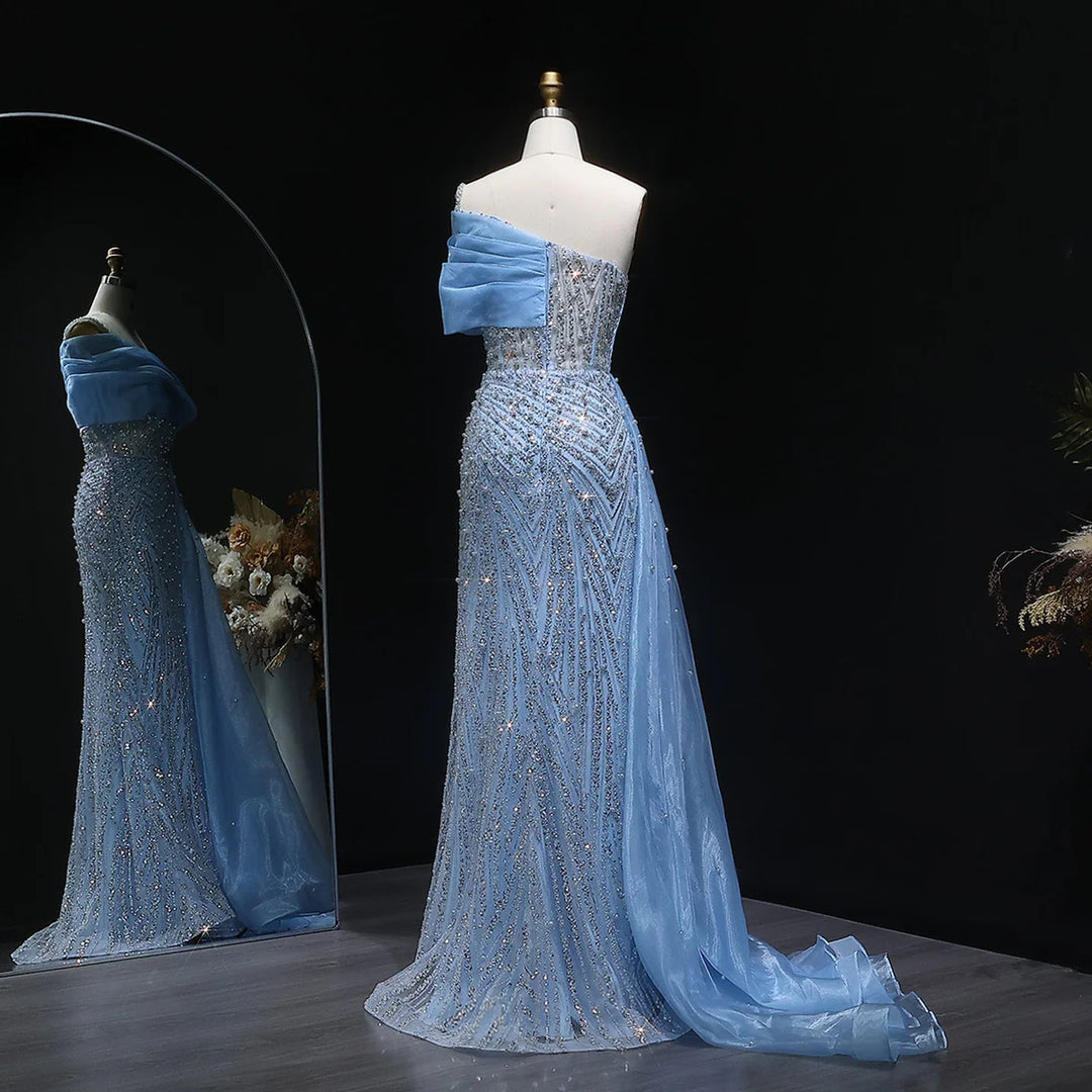 Luxury One Shoulder Blue Evening Dress with Overskirt SS644