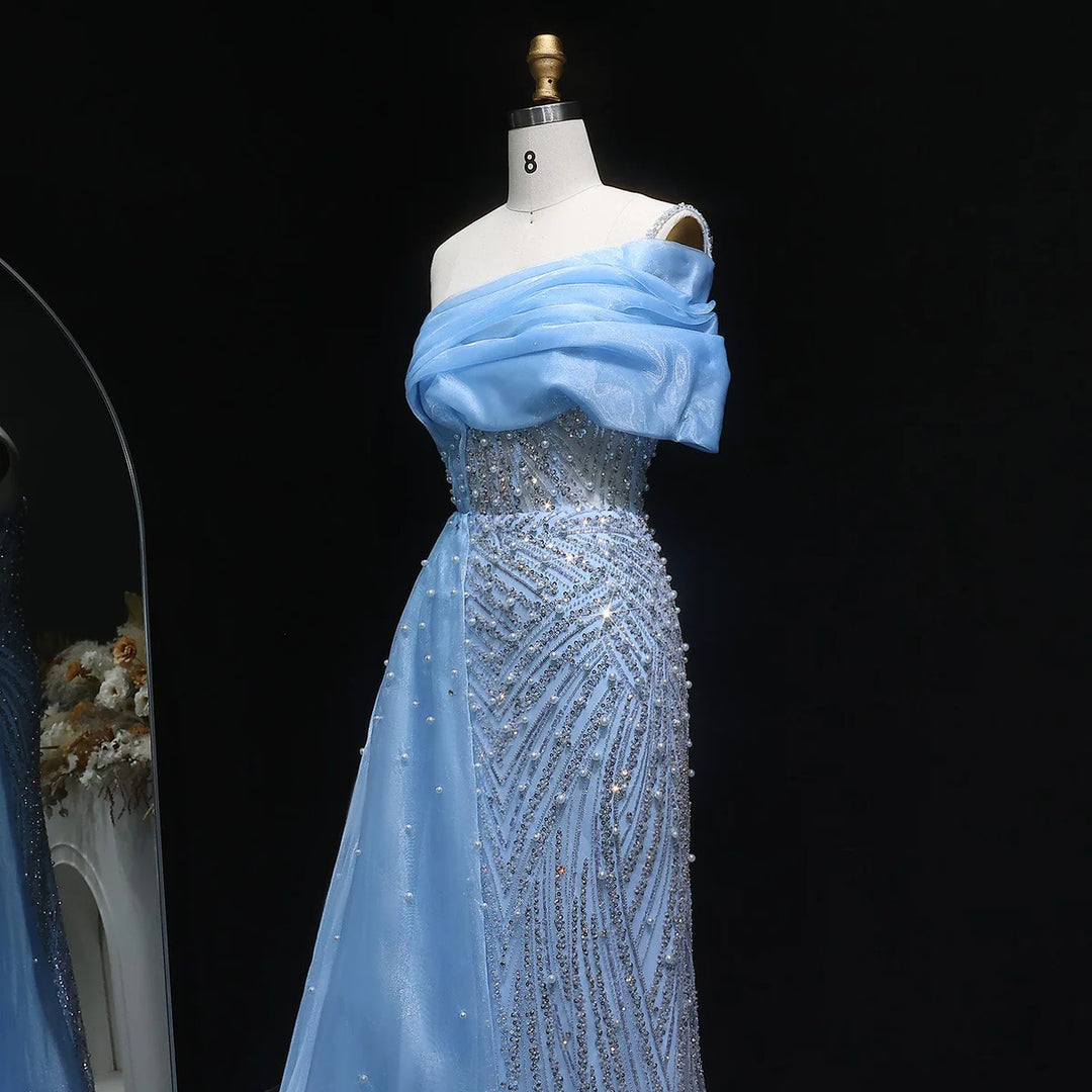 Luxury One Shoulder Blue Evening Dress with Overskirt SS644