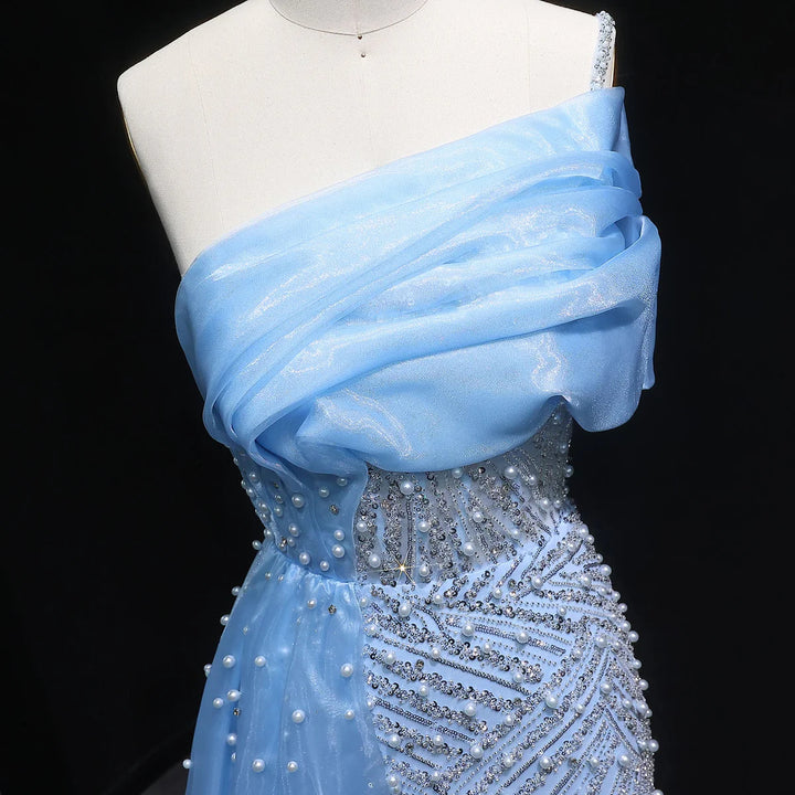 Luxury One Shoulder Blue Evening Dress with Overskirt SS644