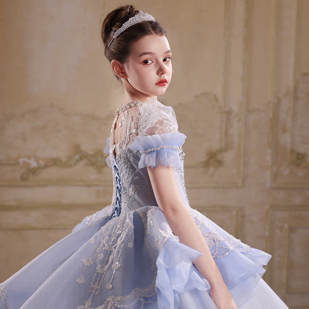 Luxury Blue Embroidered Flower Girl Dress with Ruffle Sleeves and Full Ball Gown Skirt J054