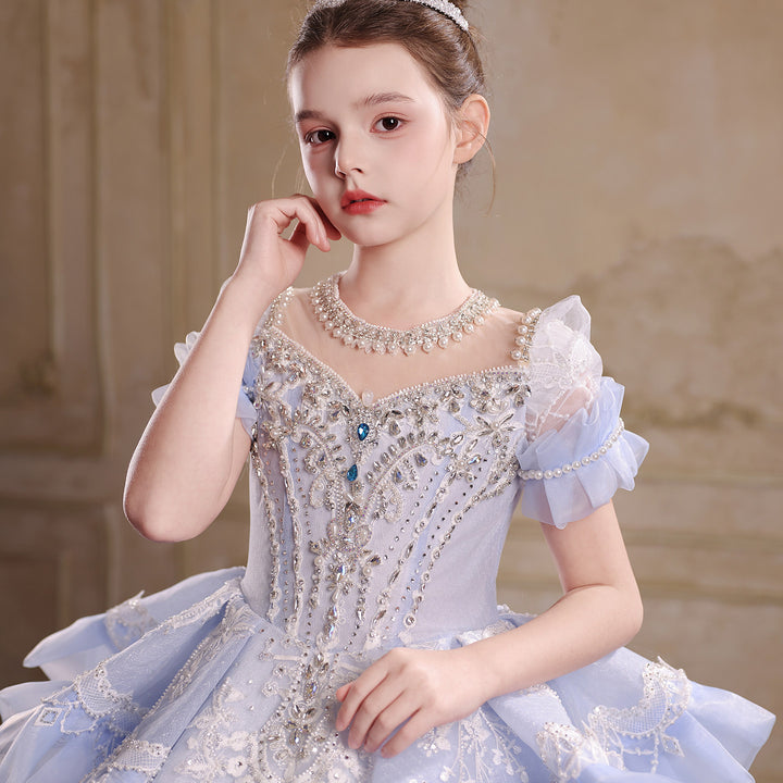 Luxury Blue Embroidered Flower Girl Dress with Ruffle Sleeves and Full Ball Gown Skirt J054