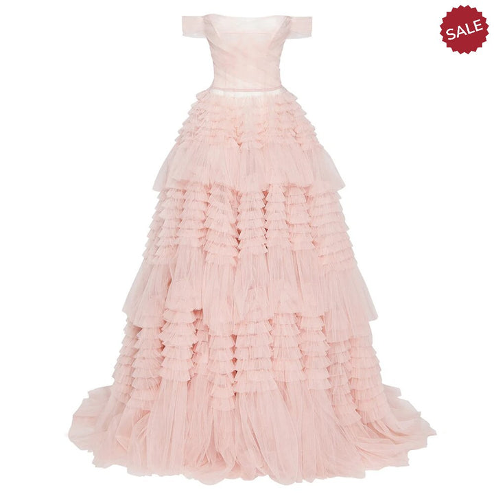 Blush Pink Off Shoulder Ruffles Evening Dress for Women Wedding SF087