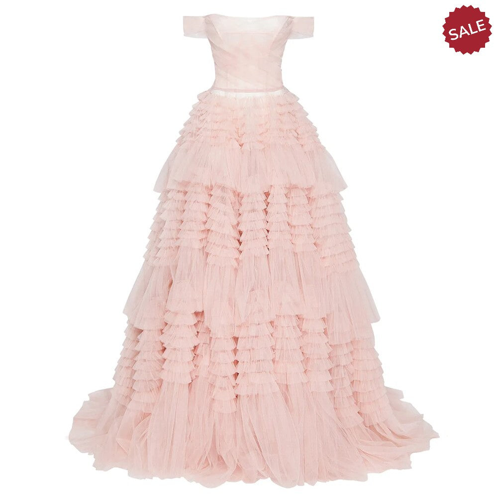 Blush Pink Off Shoulder Ruffles Evening Dress for Women Wedding Elegant Tiered Ball Gown Prom Party Desses 087 Pink / 8 Blush Pink Off Shoulder Ruffles Evening Dress for Women Wedding Elegant Tiered Ball Gown Prom Party Desses 087 Pink / 8