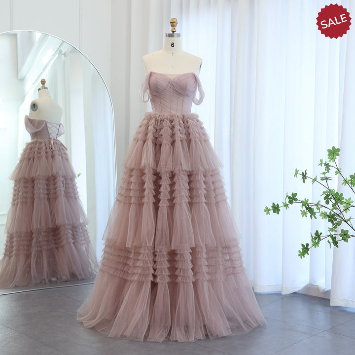 Blush Pink Off Shoulder Ruffles Evening Dress for Women Wedding SF087
