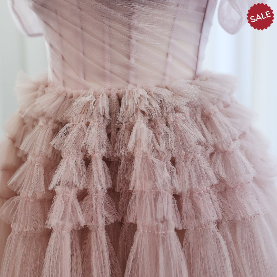 Blush Pink Off Shoulder Ruffles Evening Dress for Women Wedding Elegant Tiered Ball Gown Prom Party Desses 087 DreamyVow Blush Pink Off Shoulder Ruffles Evening Dress for Women Wedding Elegant Tiered Ball Gown Prom Party Desses 087 DreamyVow