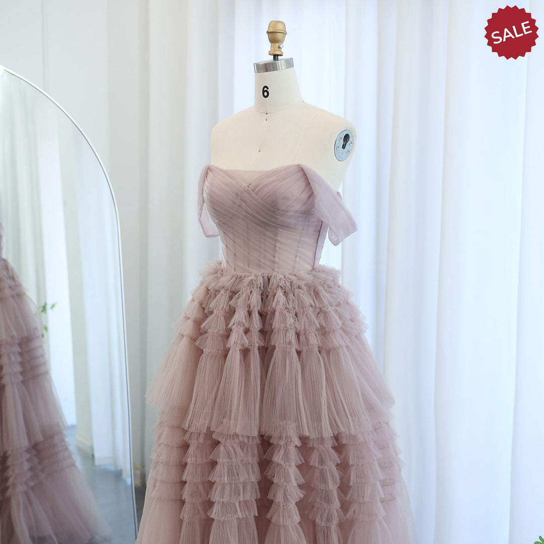 Blush Pink Off Shoulder Ruffles Evening Dress for Women Wedding Elegant Tiered Ball Gown Prom Party Desses 087 DreamyVow Blush Pink Off Shoulder Ruffles Evening Dress for Women Wedding Elegant Tiered Ball Gown Prom Party Desses 087 DreamyVow
